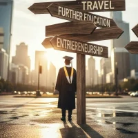 Graduate standing at a crossroads beside signposts pointing to different life paths