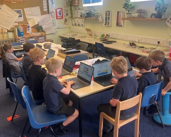 Primary school children working on laptops together in a bright classroom, showing how donated devices support learning